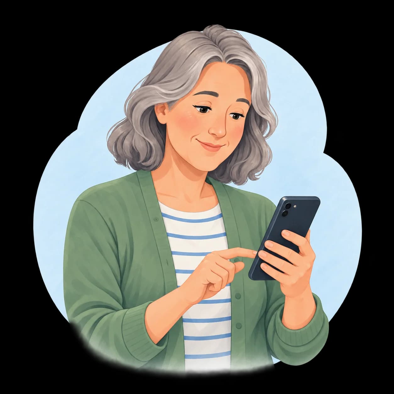 Žena si prohlíží hodnocení jídla v telefonu.